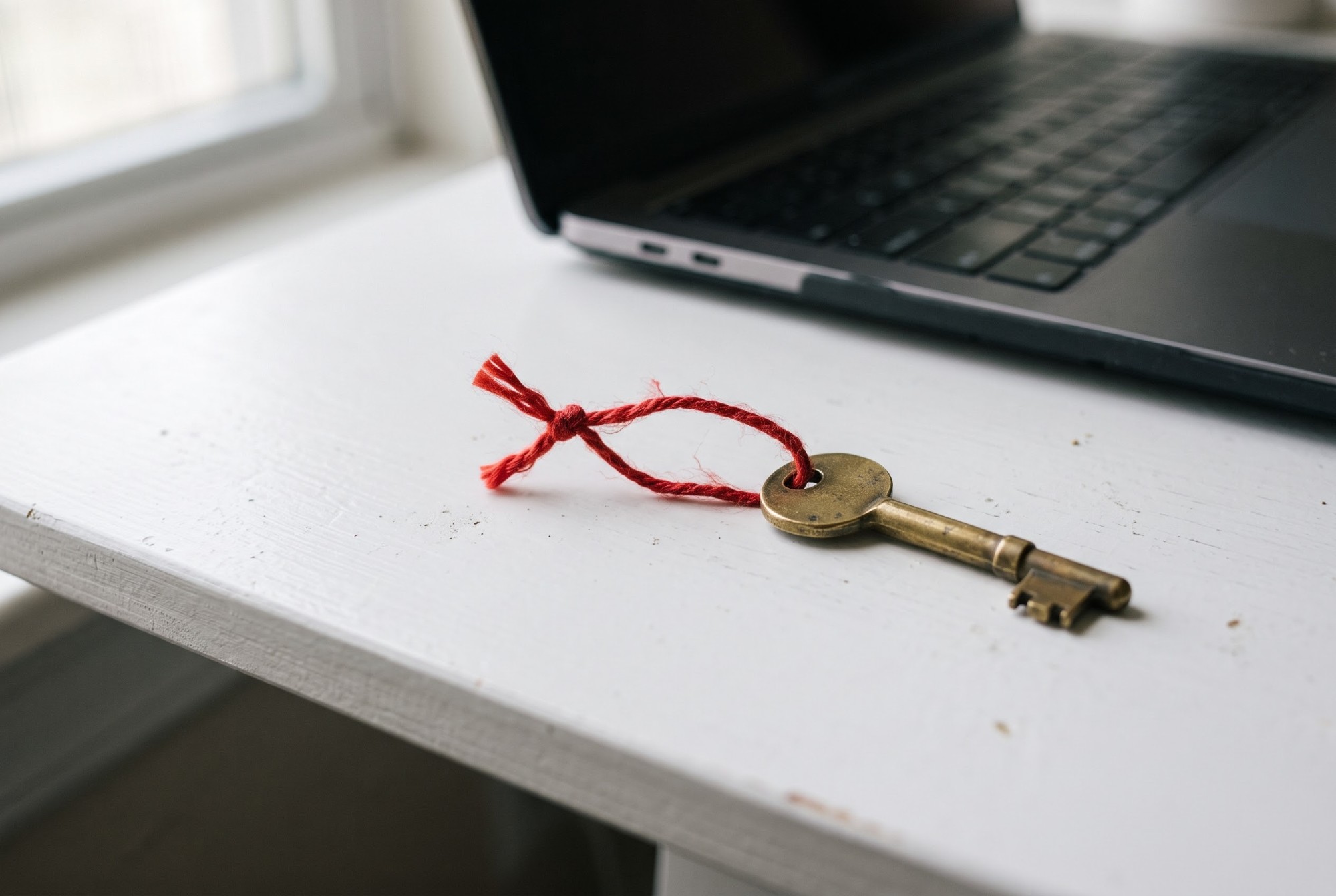 A brass key with a frayed red string tied to it lying on a white desk beside a laptop