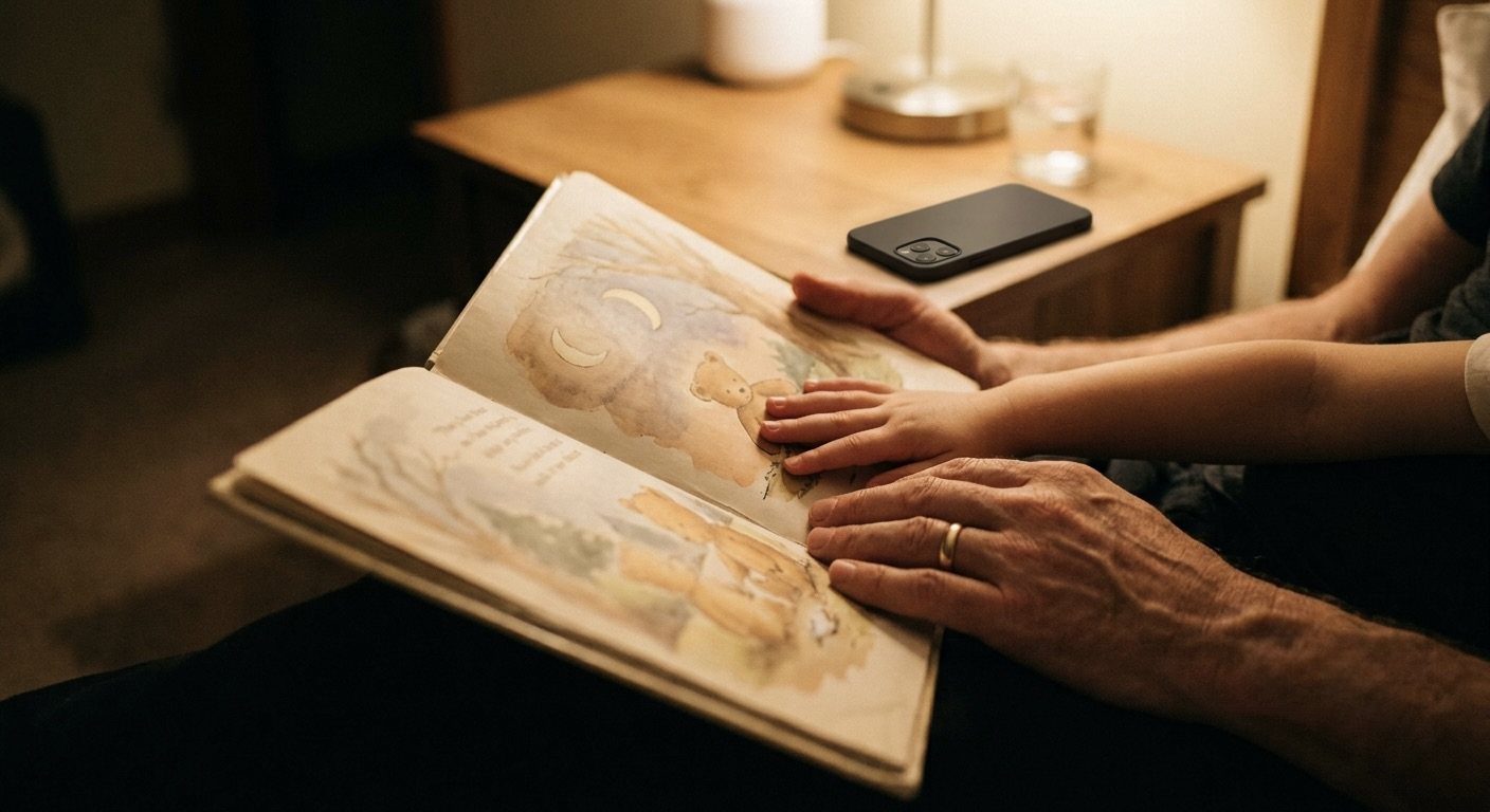 A parent's hand and a child's hand holding an open picture book together in a lamplit bedroom, only the book and hands visible