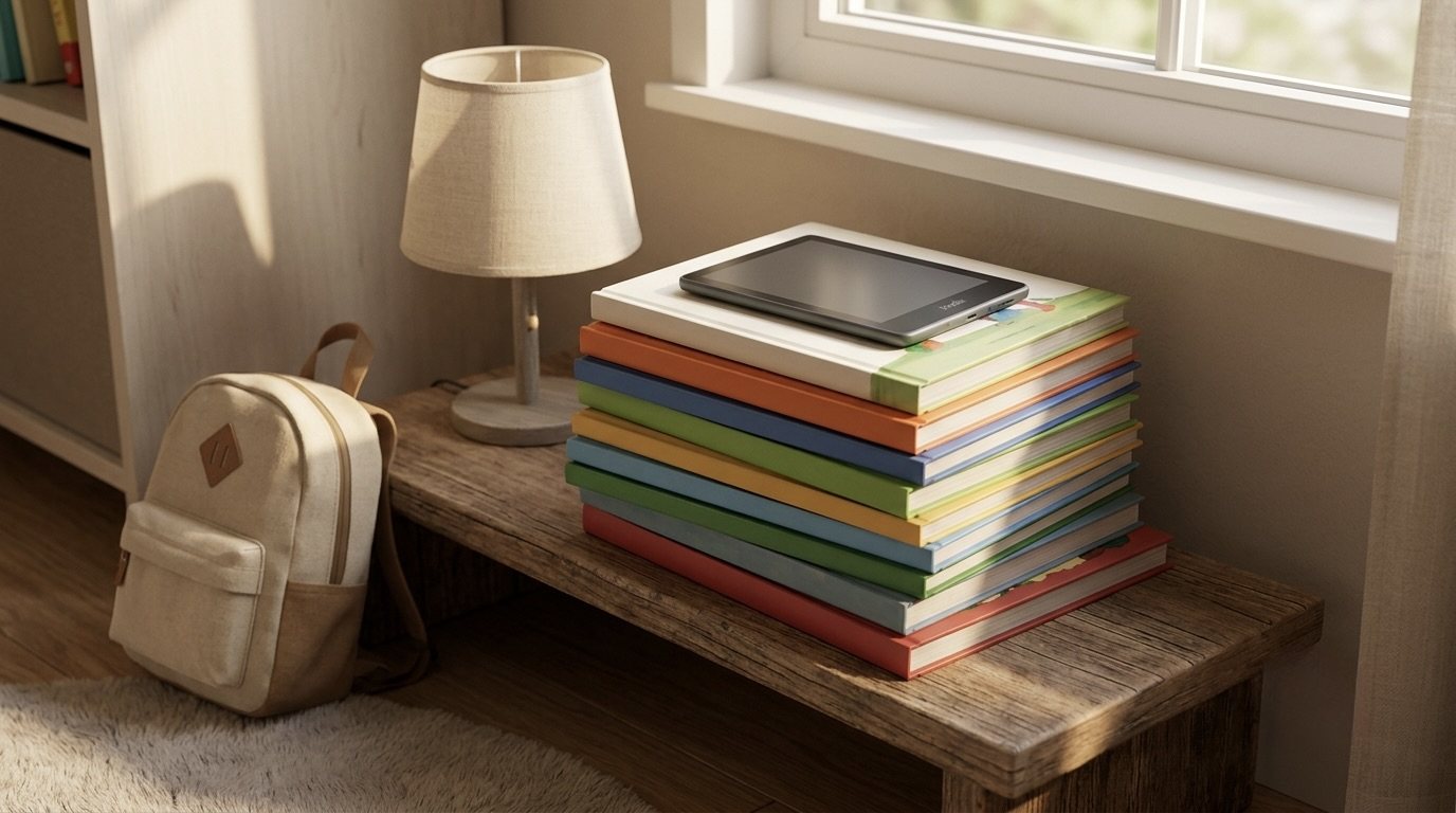 A stack of colorful picture books on a low wooden shelf beside a small reading lamp and a child's backpack, warm afternoon light through a window
