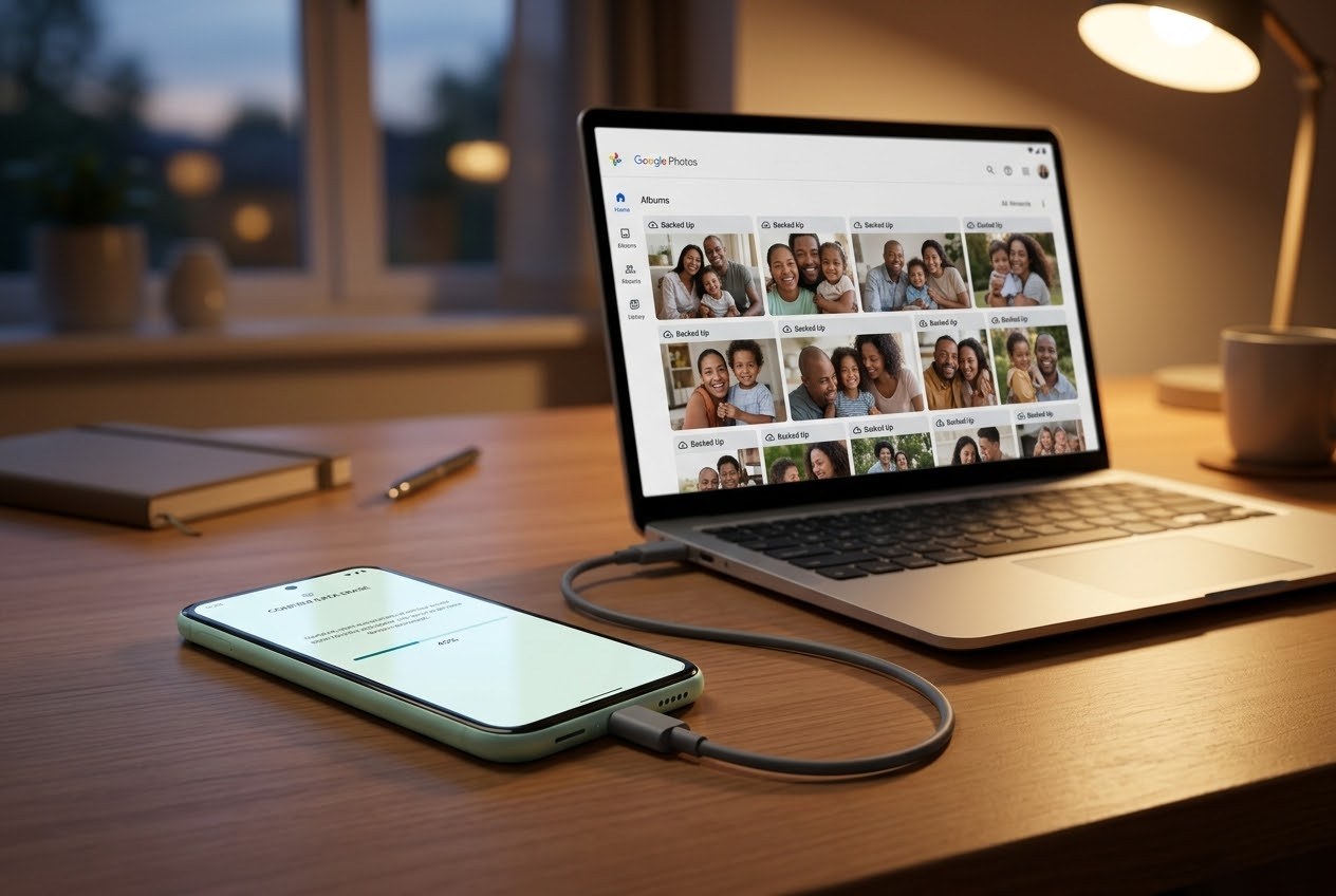 A Pixel phone plugged into a laptop on a desk, with Google Photos open showing a backed up family photo library