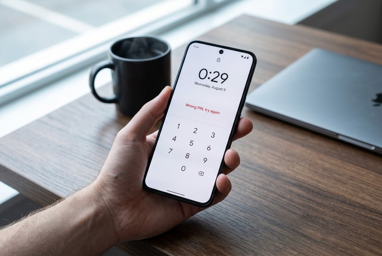 A hand holding a Google Pixel phone on a wooden desk with a PIN pad and a wrong PIN message on the lock screen