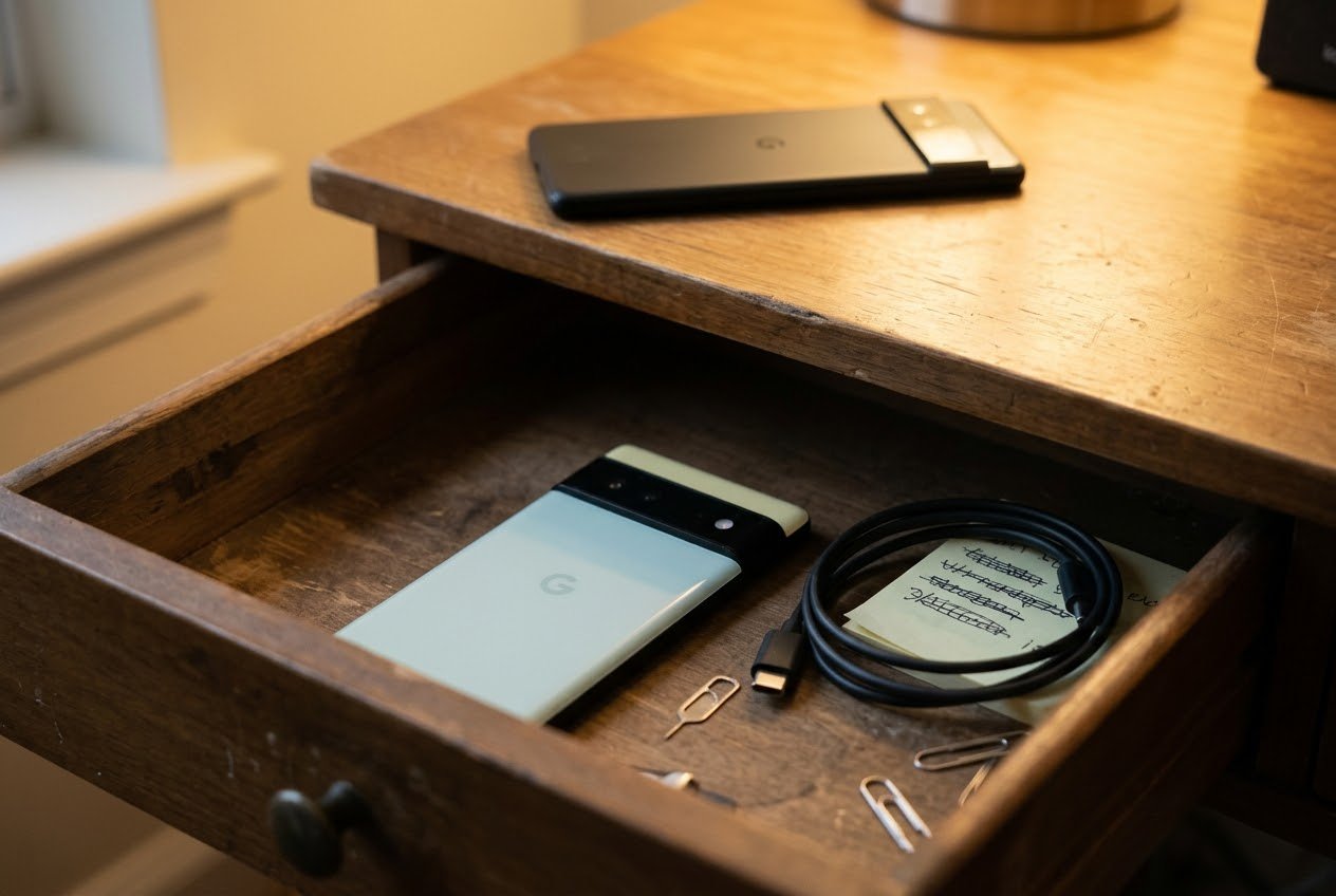 An older sage green Google Pixel 6 in an open desk drawer with a USB-C cable and sticky notes, a newer black Pixel on the desk above