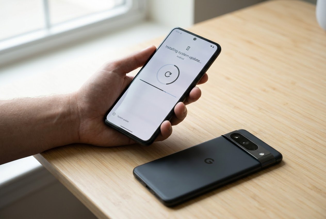 A hand holding a Google Pixel phone over a wooden desk with an installing system update screen, a second black Pixel lying face down nearby