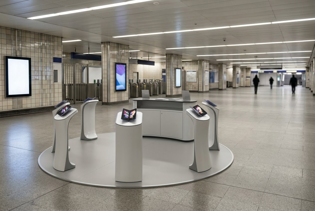 An empty metro station concourse with a round pop-up booth showing foldable phones on tall display stands