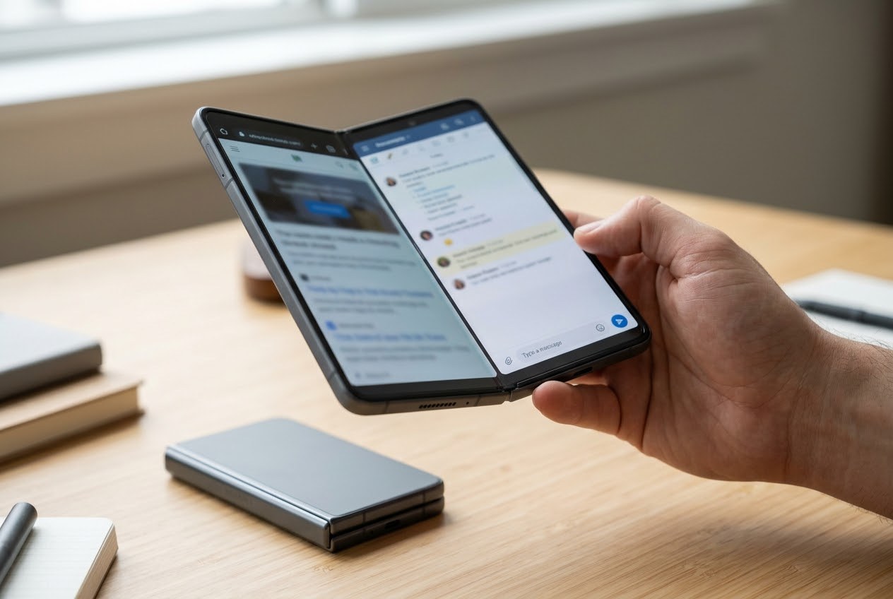 A hand holding a Samsung Galaxy Z Fold8 open like a book over a wooden desk with two apps side by side on the inner screen
