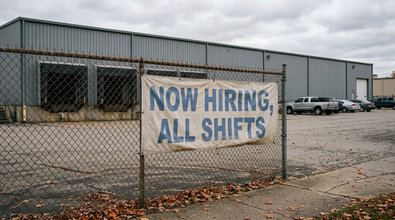 A Now Hiring, All Shifts banner zip tied to a chain link fence outside a gray manufacturing plant on an overcast fall day