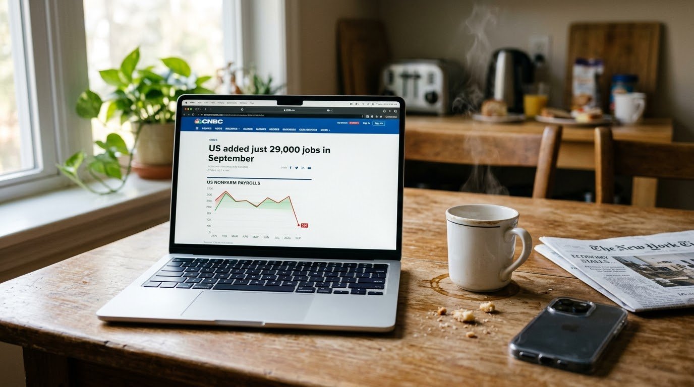 A MacBook Air on a wooden kitchen table showing a CNBC headline about the September jobs report, next to a coffee mug and a newspaper