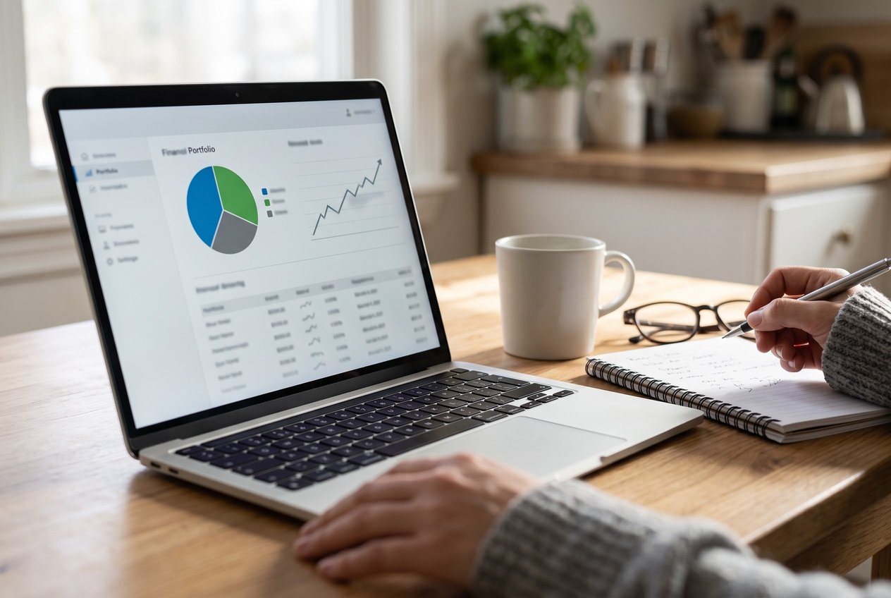 Hands at a kitchen table with a laptop showing a portfolio pie chart, a coffee mug and a notebook