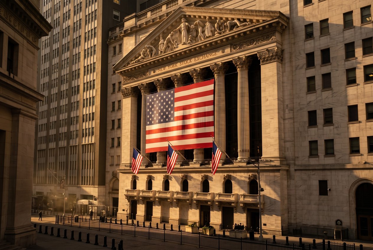 The New York Stock Exchange building on Wall Street at golden hour with a large American flag across its columns