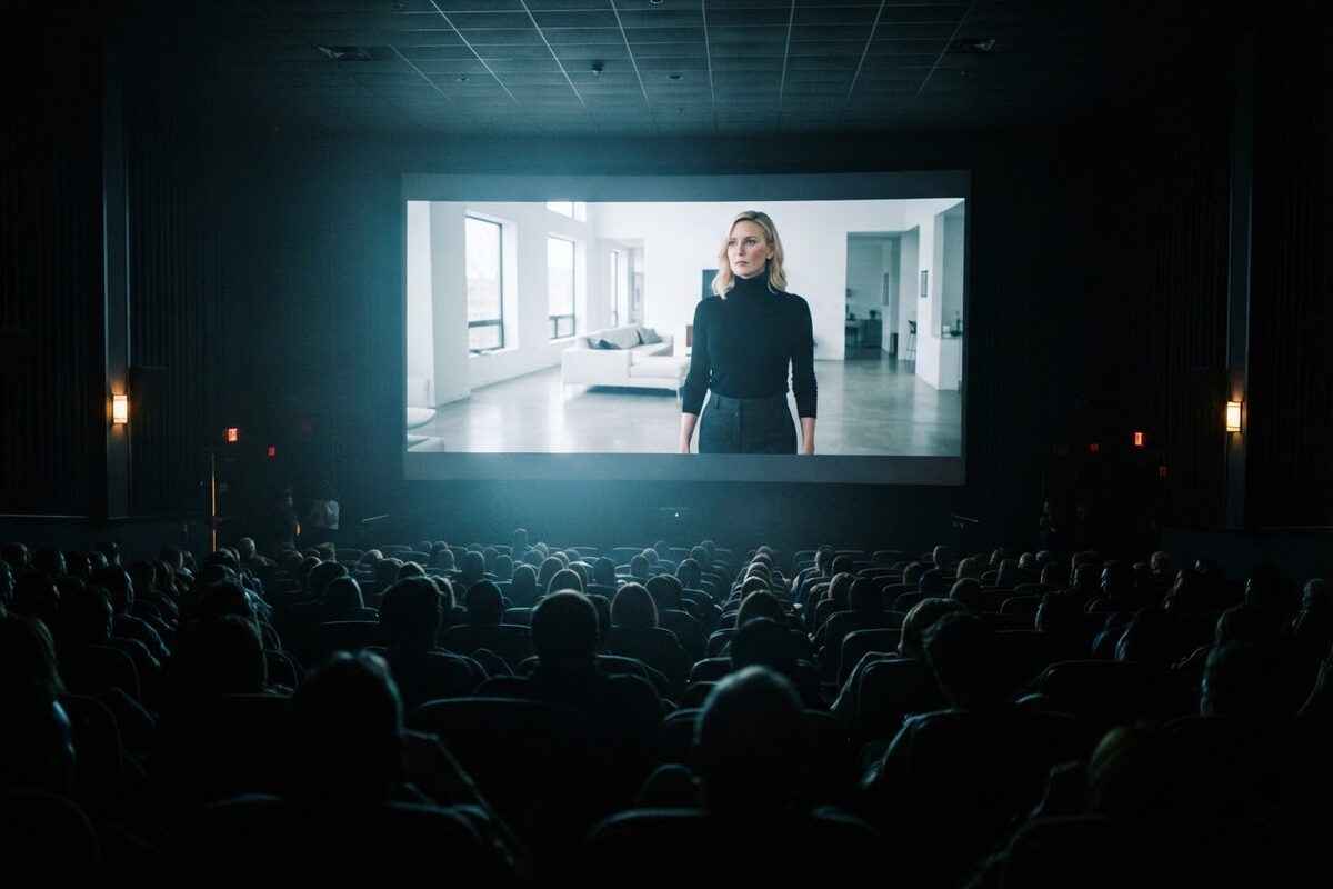 A nearly full movie theater auditorium seen from the back row, the screen showing a woman in a black turtleneck in a bright white modern living room, audience silhouettes leaning forward