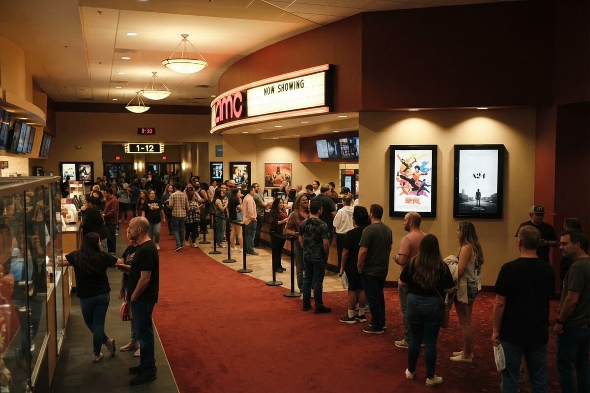An AMC movie theater lobby on a Saturday night, a long line at the box office under a glowing marquee, a Street Fighter poster and a plain black A24 poster side by side