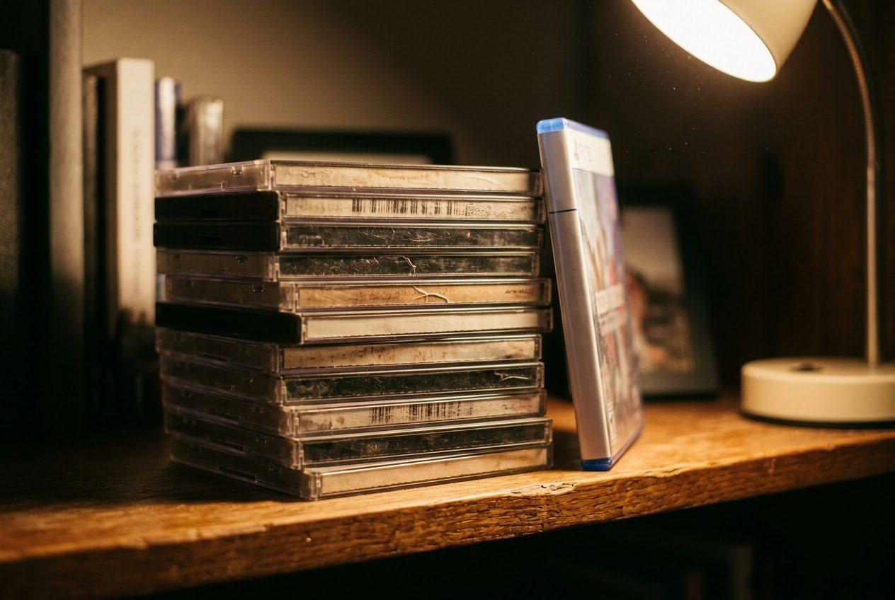 A wooden shelf holding a stack of worn PlayStation era jewel case game boxes next to a brand new slim game case