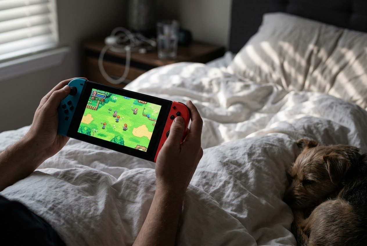 A Nintendo Switch held in two hands in a dim bedroom, the screen showing a colorful 2D pixel art fantasy RPG scene
