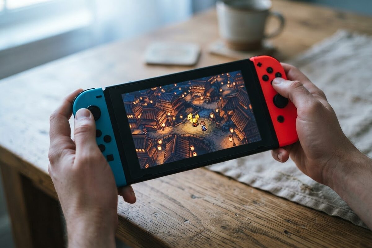 Close up of an original Nintendo Switch in handheld mode held over a kitchen table, the screen showing an HD-2D pixel art town with glowing lanterns, a Final Fantasy chocobo visible