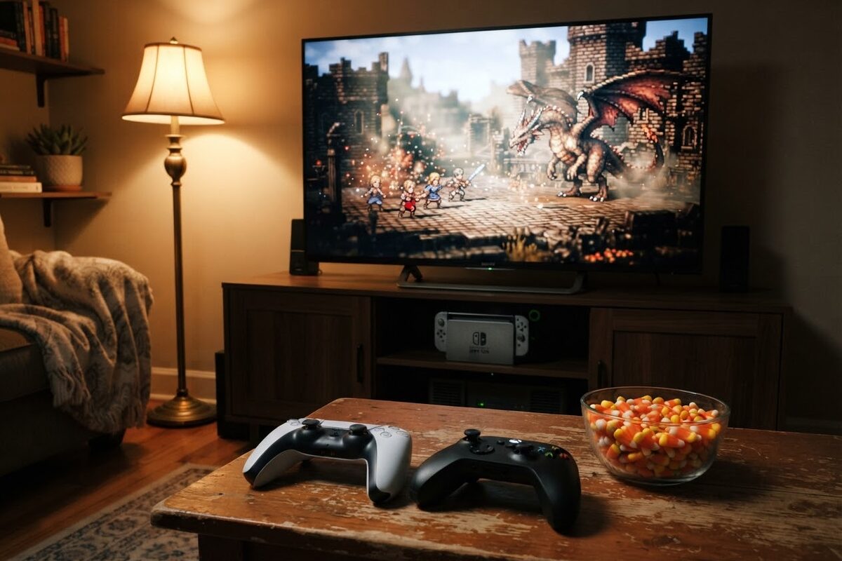 A Nintendo Switch 2 docked under a living room TV showing a pixel art fantasy battle, a PS5 DualSense controller and an Xbox controller on the coffee table, a bowl of candy corn