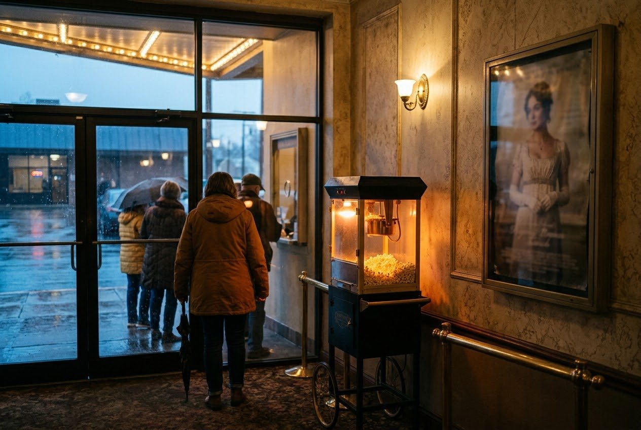An old single screen movie theater lobby on a rainy afternoon with a glowing popcorn machine and a period drama poster on the wall