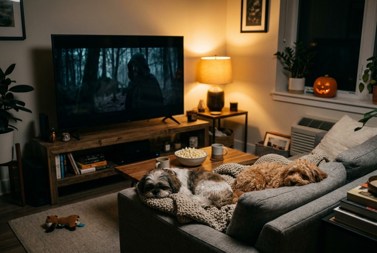 A cozy living room at night with a TV showing a dark forest scene, a blanket on the couch, popcorn, and two small dogs asleep