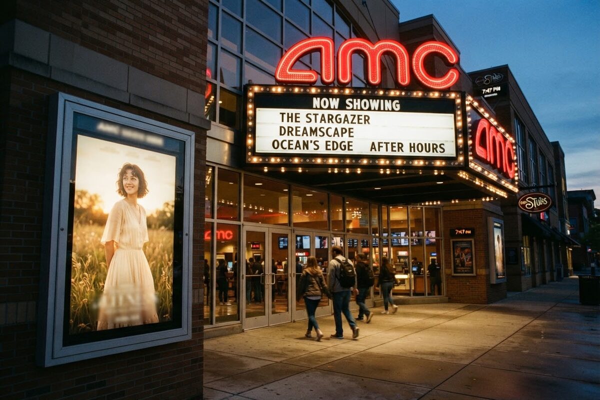 The front of an AMC Theatres multiplex at dusk, a lit marquee and a poster of a young woman in a pale dress standing in a field of light, a few people walking in