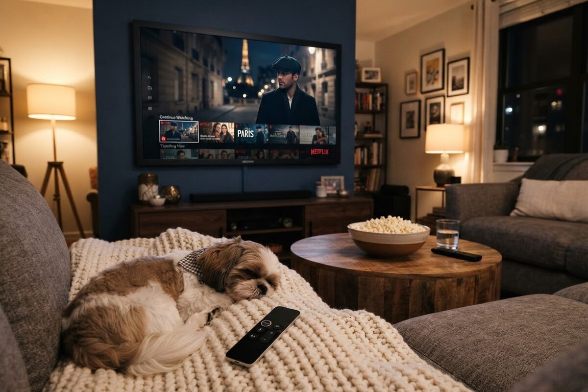 A living room on a Friday night, a Samsung TV showing the Netflix home screen with a Lupin title card, an Apple TV remote on a blanket, a bowl of popcorn