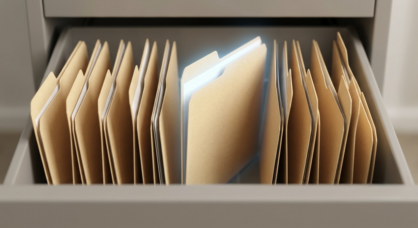 A row of manila file folders in an open drawer, one pulled slightly forward and glowing at its top edge
