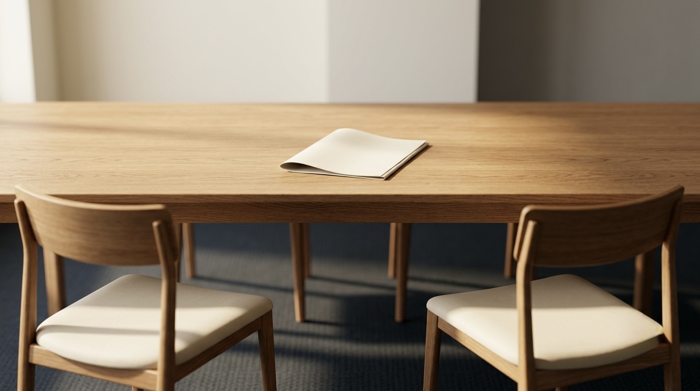 A plain wooden table with two empty chairs facing each other and a single folded sheet of blank paper in the center