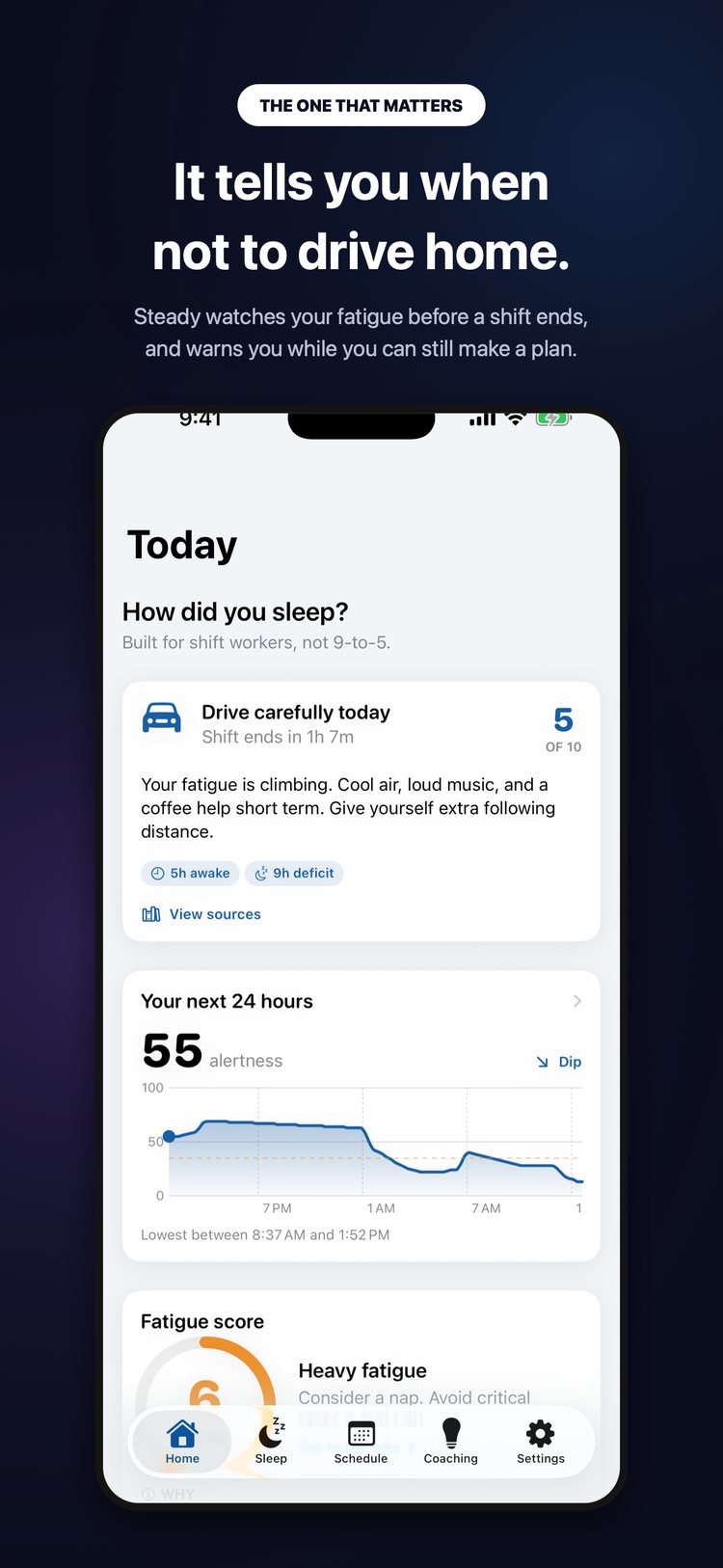Steady, the sleep and fatigue app for shift workers, shown on iPhone.