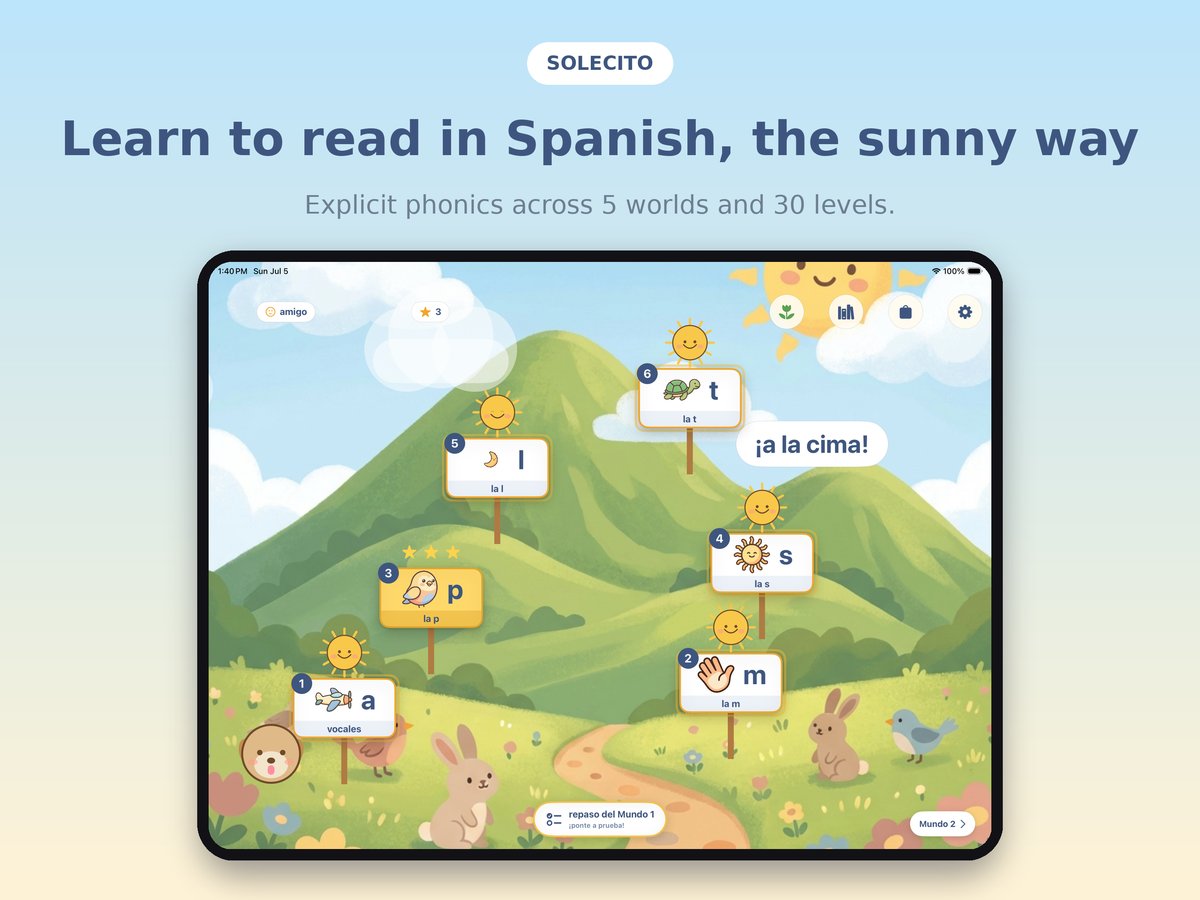 Solecito on an iPad showing a friendly illustrated mountain to climb, with a smiling sun, titled Learn to read in Spanish, the sunny way.