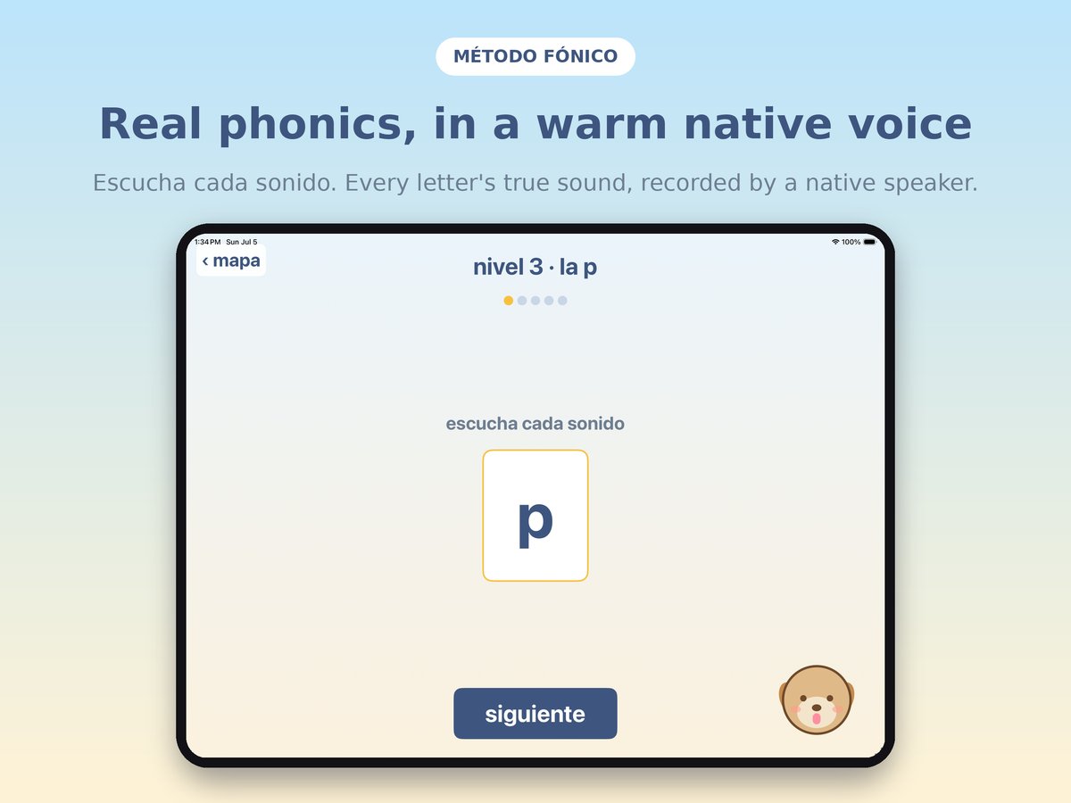A Solecito level showing the letter p large on screen with the prompt escucha cada sonido, listen to each sound.