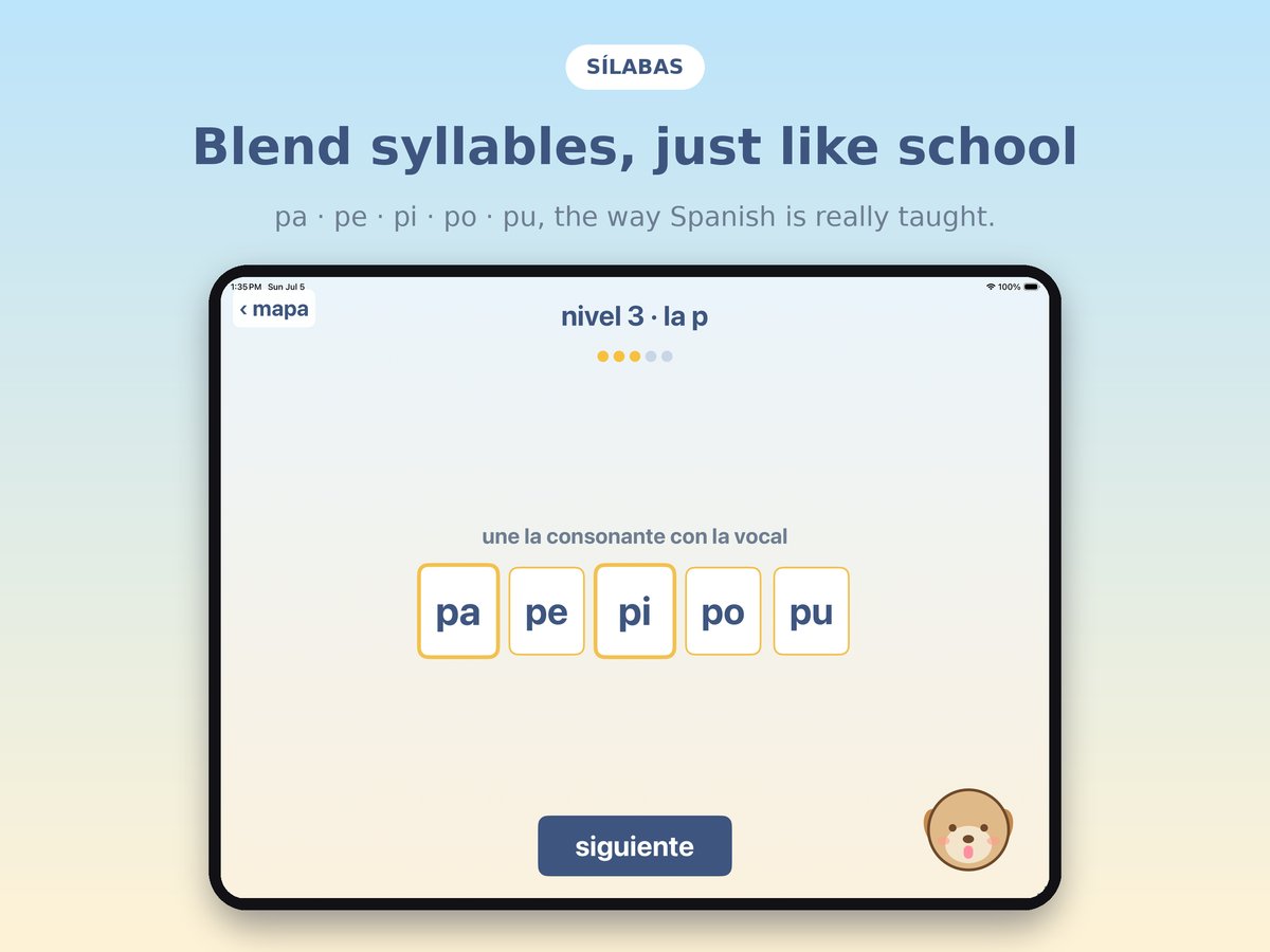A Solecito level for blending syllables, showing the tiles pa, pe, pi, po, pu.
