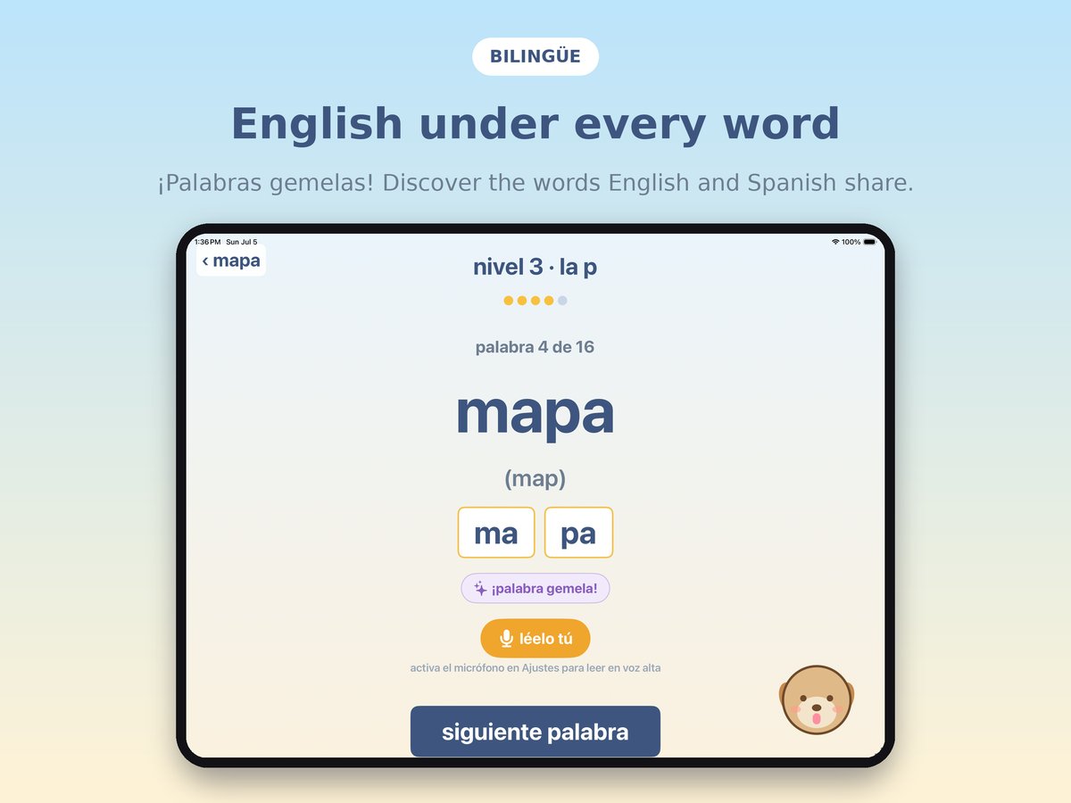 A Solecito word screen showing the Spanish word mapa with the English meaning map underneath it.