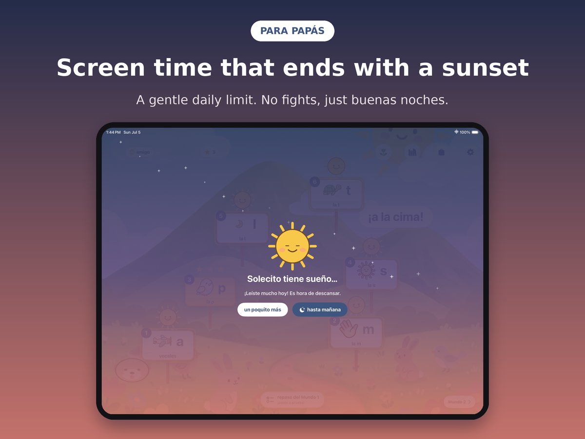Solecito's end-of-day screen showing a sunset and the message that screen time is done for the day.